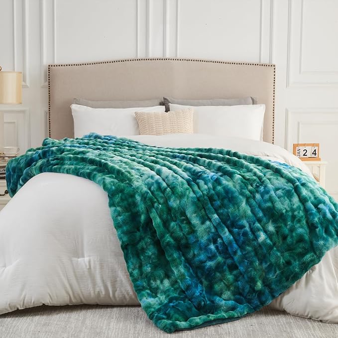 NEWCOSPLAY Faux Fur Bubble Twin Blanket for Couch, Tie-Dye Teal, 60"x80" | Fluffy Soft Thick Warm Bubble Blanket for Couch Sofa Bed 700GSM, Plush Cozy Luxury Decorative Throw, Gift for Women Men