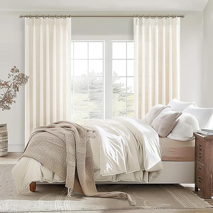Extra Long 144 Inch Pinch Pleated Light Filtering Large Curtains for Living Room, Birch Memory Trained Natural Linen Sheer Floor to Ceiling Windows Drapes 2 Panel Set 11FT Length Decorative Curtain