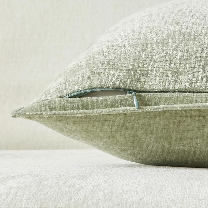 24x24 Chenille Decorative Throw Pillow Covers Case Set of 2,Light Green | JUSPURBET Cozy Soft Cushion Covers with Invisible Zipper for Couch Sofa Bed Home Decor Living Room