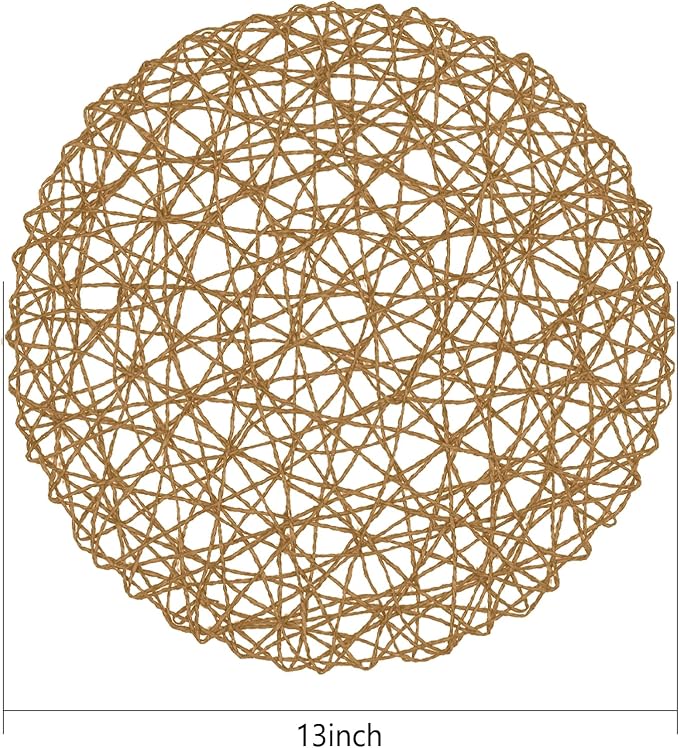 AHHFSMEI Paper Braided Round Placemats Set of 6 Natural Non-Slip Heat Resistant Table Mats for Dining Tables Woven Indoor & Outdoor Place mats(Brown)