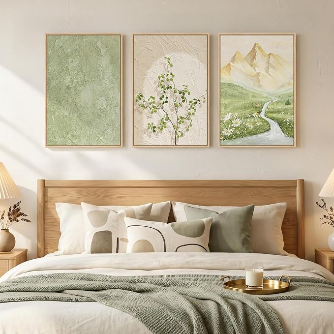 Framed Sage Green Landscape 3 Piece Wall Art for Living Room, Neutral Beige Mountain Botanical Print Canvas Artwork for Walls, Modern Nordic Rustic Nature Wall Decor for Bedroom Home Office, 16x24 In
