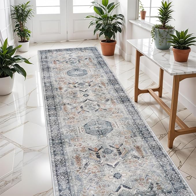Washable Kitchen 3x8 Runner Rug - 3x8 Hallway Rug Distressed Mats Non-Slip Soft Room Floor Carpet for Dining Room (Grey/Blue, 3x8)