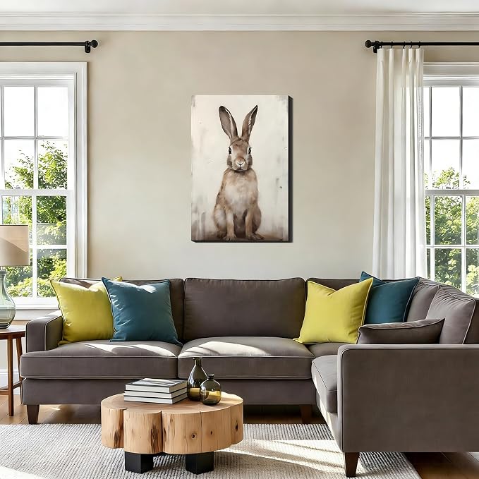 Vintage Rabbits Portrait Canvas Wall Art, Brown Easter Canvas Art for Living Room, Fireplace Wall Decor, Framed Spring Bunny Poster Prints for Bedroom Bathroom Holiday Decoration
