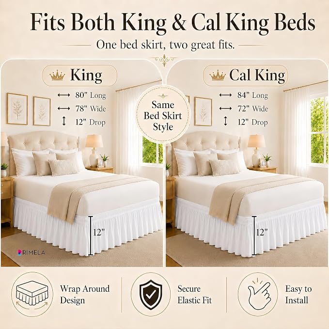 White Bed Skirt King Size 12 Inch Drop, Elastic Wrap Around Bedskirt | Solid Ruffled, Easy to Use, No Mattress Lifting, Wrinkle & Fade Resistant, with Adhesive Strips, Machine Wash/Dry/Iron