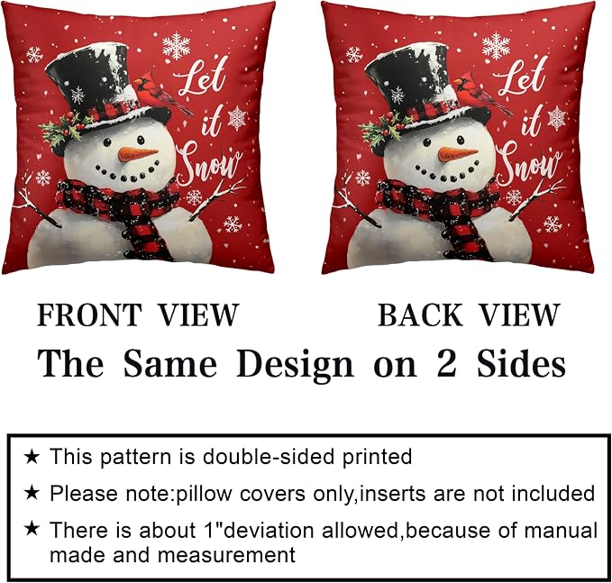 Red Christmas Pillow Covers Snowman Throw Pillow Covers Xmas Tree Pillow Case 20x20 Winter Snowflakes Cotton Blend Cushion Case for Holiday Decor Couch Sofa 2 Pack