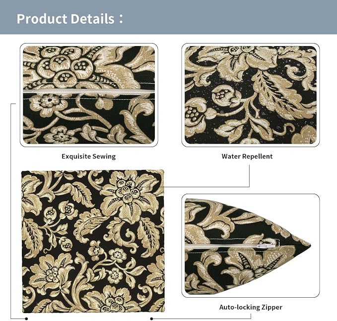Outdoor Throw Pillow Covers 18x18 Inch, Decorative Pillow Covers for Patio Furniture, Jacobean Black Modern Cushion Cases for Garden Couch Home Sofa, Pack of 2