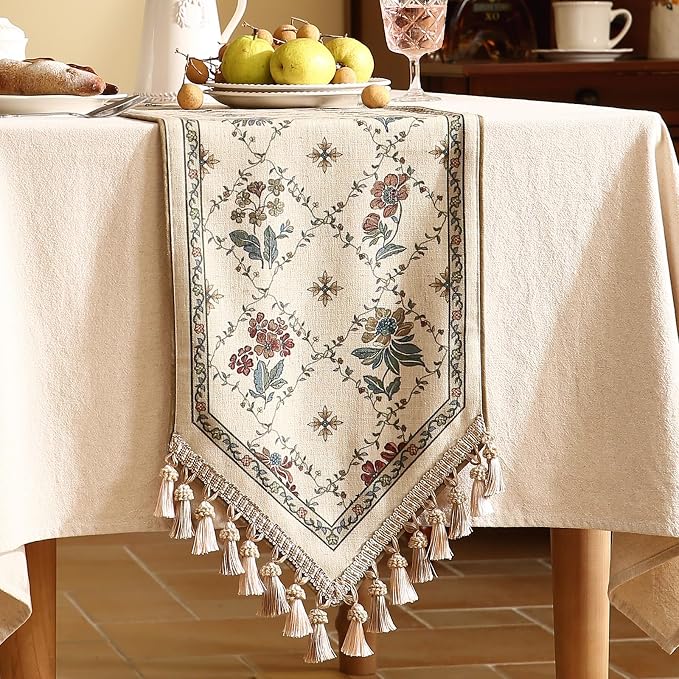 Patdrea Designer French Elegant Linen Table Runner,12"X118"-Audrey A | Vintage Tablerunner 118 Inches Long,Floral Pattern with Tassel Edge,Decorative Runner for Dining Room Living Room