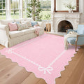 COZYLOOM 5x7 Scalloped Living Room Rugs Washable Kids Bedroom Rug, Non Slip Stain Resistant Modern Bow Rug Non Shedding Low Pile Solid Carpet Foldable Bordered Mats for Entryway, Dining Room, Pink