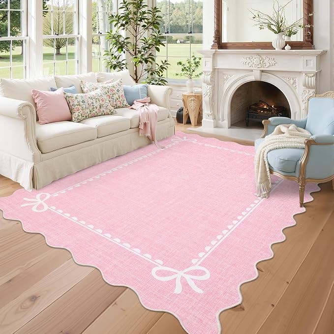 COZYLOOM 9x12 Area Rug for Bedroom Washable Kids Room Rug with Rubber Backing, Stain Resistant Scalloped Bow Printed Rugs Non Shedding Low Pile Bordered Carpet for Living Room, Dining Room, Pink