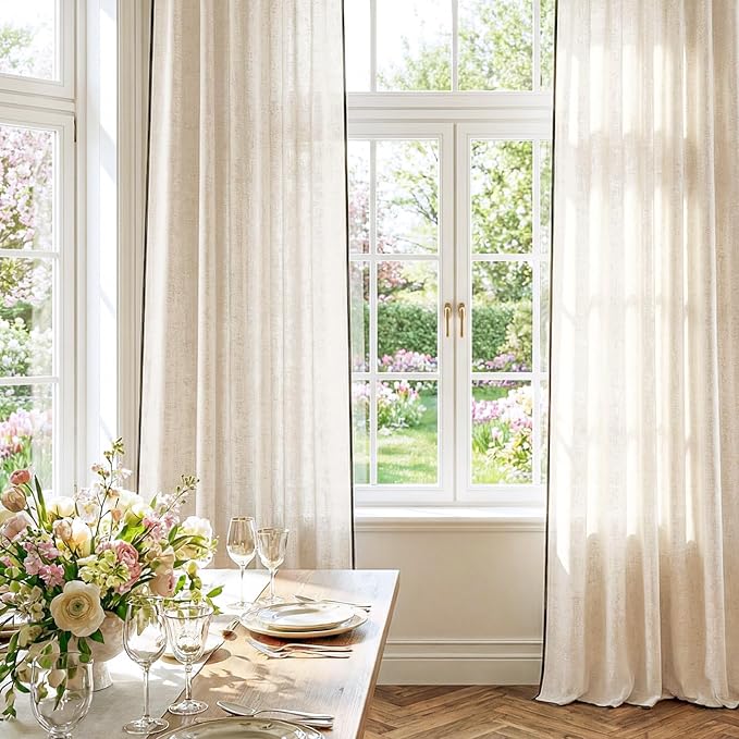 jinchan Beige Linen Curtains with Black Trim Back Tab 50x108 Inch 2 Panels | Semi sheer light filtering, modern farmhouse curtains for living room and bedroom, back tab rod pocket, machine washable