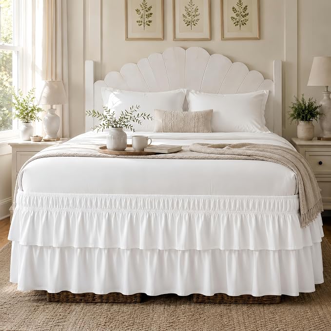 RIMELA Ruffle Bed Skirt Warm White Queen 15 Inch Drop, Elastic Wrap Around Bed Skirting Queen Size, Easy to Install Dust Ruffle, Machine Washable Soft Fabric, Multi Ruffle Bedskirt