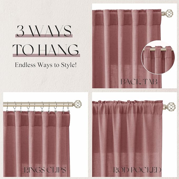 Jowels Canyon Rose Linen Curtains 84 Inch Long 2 Panels for Living Room | Pink Light Filtering Sheer Curtain, Back Tab Pocket Pleated Look, Boho Farmhouse Textured Privacy Drapes for Bedroom Window