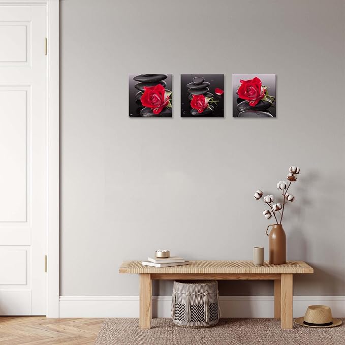 NAN Wind Red Canvas Wall Art Bedroom Wall Decor Black and White Zen Stones Spa Wall Art Rose Pictures for Living Room Kitchen Home Decorations Red Bathroom Accessories Flower Paintings Room Artwork