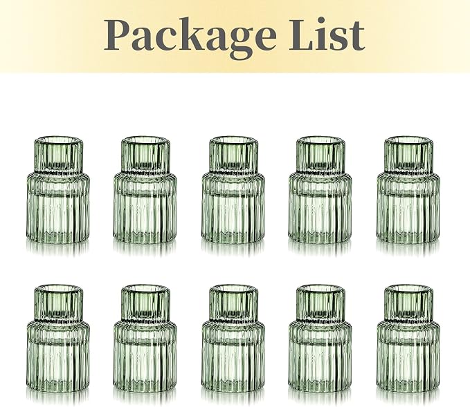 Hewory Taper Candle Holders Bulk, 10PCS Green Glass Candlestick Holders | For 0.86" Taper Candles, Ribbed, Vintage Candle Sticks Holder Decor, Wedding Table Centerpiece Bridal Showers Christmas Home