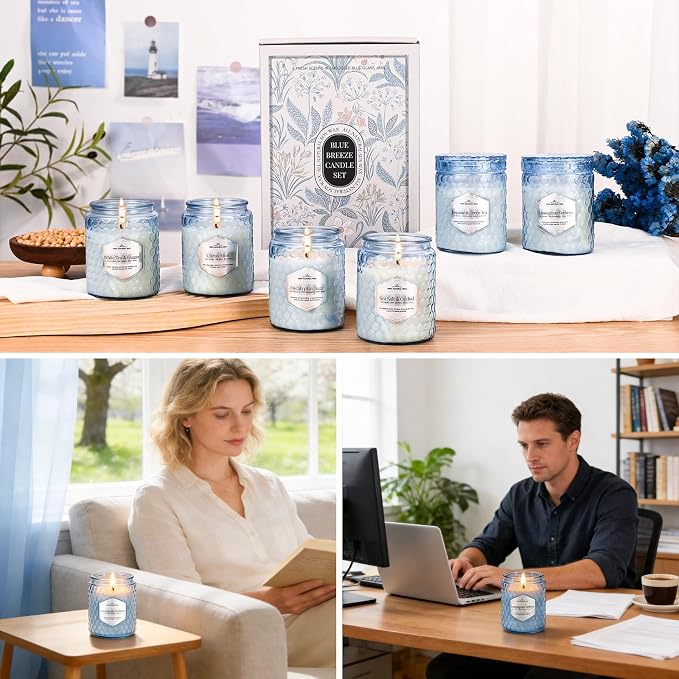 Candles for Home Scented, Lake Blue, 6 Pack | 33 Oz Scented Candles, Natural Soy Wax, Aromatherapy Gift Set for Women Birthday Christmas Refresh Relaxation Decorative