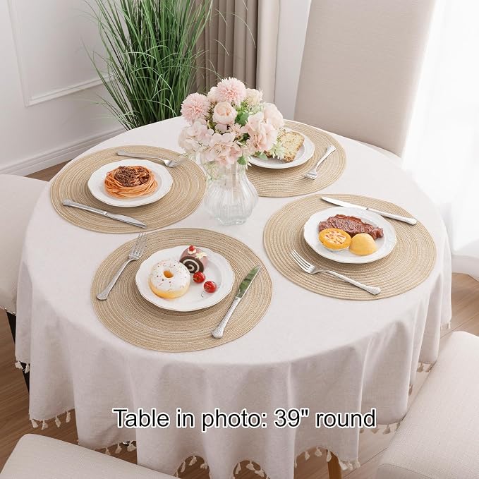 SHACOS 15 inch Round Placemats Set of 6, Cotton Polyester Woven Braided Place Mats, Washable Heat Resistant Circle Table Mats for Dining Table (Beige, 6)