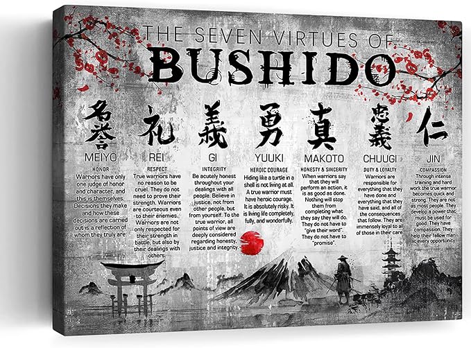 Japanese Samurai Wall Art 7 Virtues Bushido Inspirational Pictures Wall Decor Japanese Warrior Canvas Prints Framed Modern Painting Artwork For Bedroom Office Living Room Bathroom Dining Room 12x16