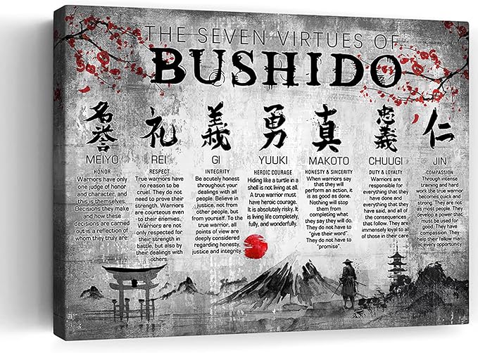 Japanese Samurai Wall Art 7 Virtues Bushido Inspirational Pictures Wall Decor Japanese Warrior Canvas Prints Framed Modern Painting Artwork For Bedroom Office Living Room Bathroom Dining Room 12x18 Inch