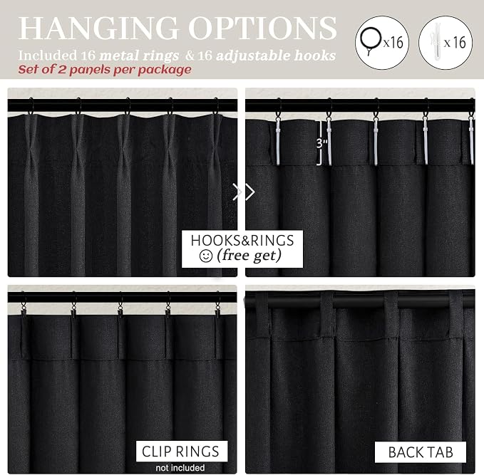 Black Sheer Curtains 96 Inch Pinch Pleated Linen Blend 2 Panels