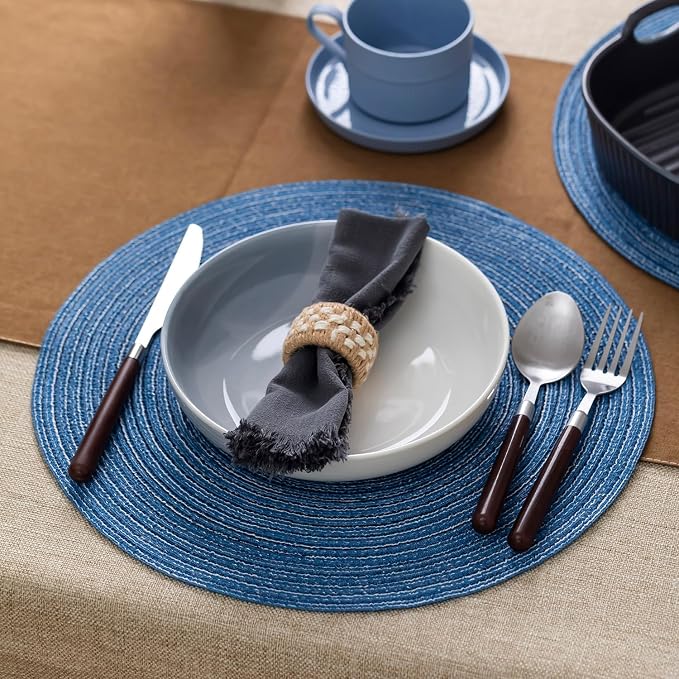 BARoyal Round Placemats Set of 6 Woven Placemats Washable Braided Table Mats for Dining Table Heat Resistant Non-Slip Circle Place Mats(Mid Blue)