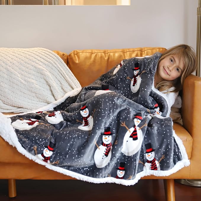 Catalonia Snowman Blanket, Holiday Theme Sherpa Fleece Throw, Blanket for Couch and Bed, Christmas Blanket | Super Soft, Comfy, Cozy, Fluffy, Warm | 50x60 inch, Grey