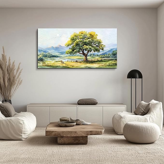 QIYILEXWART Canvas Wall Art For Living Room Wall Decor For Bedroom Office Wall Decoration Green Tree Landscape Painting Farmhouse Pictures Artwork Room Aesthetic Home Decor 20x40 In