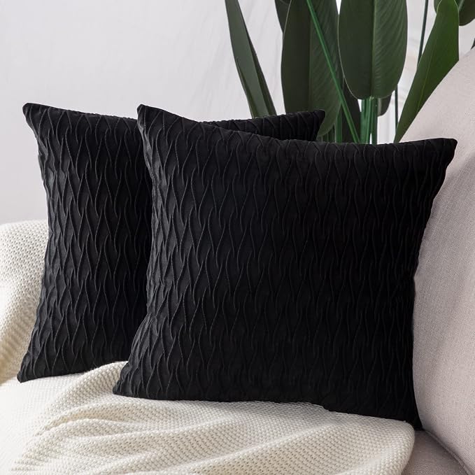 MADIZZ Set of 2 Super Soft Velvet Decorative Throw Pillow Covers 20x20 inch Black Square with Texture Luxury Style Cushion Case Pillow Shell for Sofa Bedroom