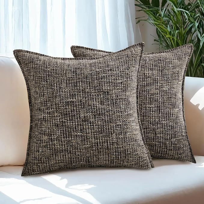 HAUSSY Pack of 2 Chenille Tweed Throw Pillow Covers 22x22 Inch, Coffee