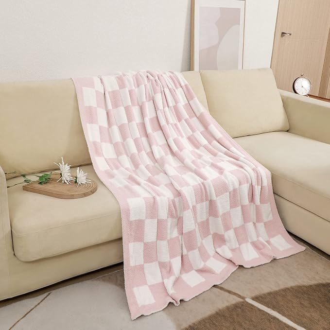 bearberry Soft Plush Throw Blanket for Couch, Cozy Warm & Lightweight | Knitted Fluffy Checkered Comfort Home Decor Gift for Women Mom Her, Sofa Chair Bed, 60x80in, Pink