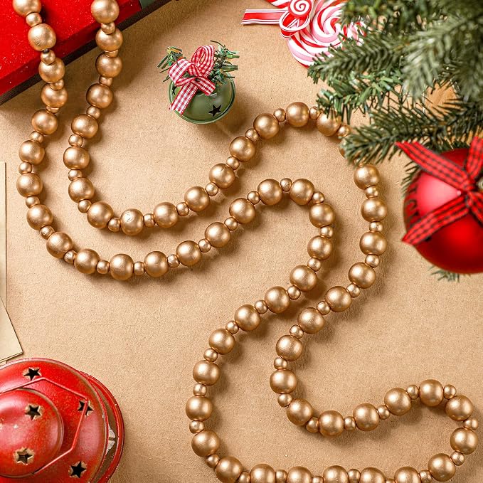 Yinder 2 Pcs/ 14.4 Feet Christmas Wooden Beads Garland, Gold
