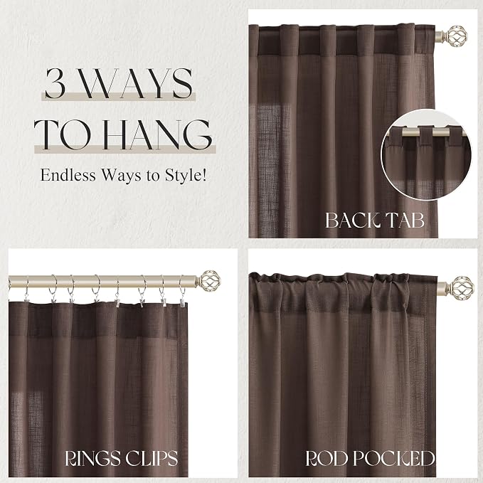 Jowels Coffee Linen Curtains 108 Inch Long 2 Panels for Living Room | Brown Light Filtering Semi Sheer Curtain,Back Tab Pocket Pleated Look,Farmhouse Textured Privacy Drapes for Bedroom Window