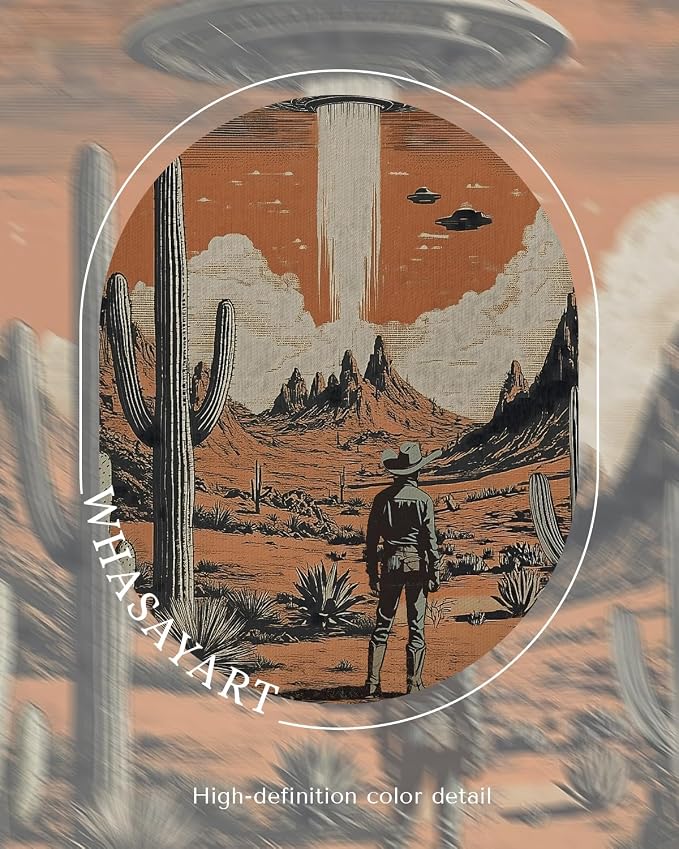 Retro UFO Cowboy Wall Art 12x16 Inch Framed Canvas Print, Vintage Science Fiction Desert Landscape Alien Spaceship Western Scene Cool Artwork, Man Cave Office Game Room Bathroom Decor