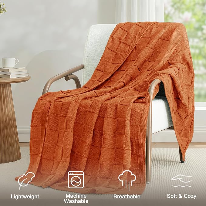 Whale Flotilla Checkered Knit Throw Blanket for Couch, Burnt Orange | Soft Decorative Knitted Blankets for Couch Sofa Bed, Lightweight Cozy Throws for Spring Summer, 60x80 Inch
