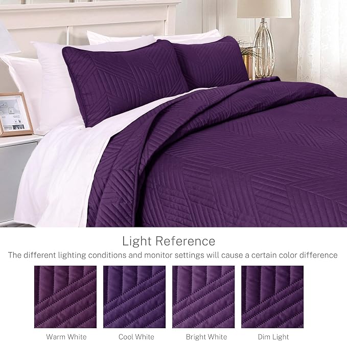 Exclusivo Mezcla California King Quilt Bedding Set, Deep Purple | Lightweight Bedspreads, Soft Microfiber, Modern Geometric Coverlet, All Season Bed Cover, 1 Quilt and 2 Pillow Shams