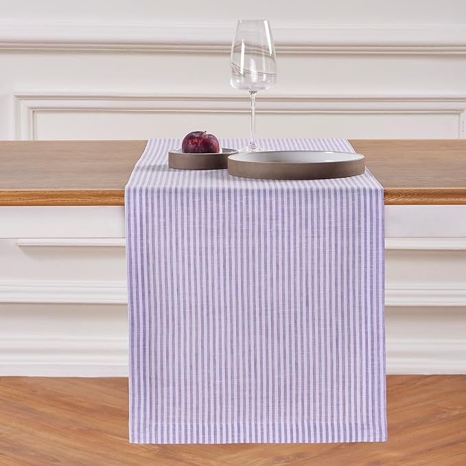 Solino Home 100% Linen Table Runner, 14 x 90 in, Lavender and White Striped | Narrow Stripe, brings a tailored look to family meals and hosting, woven stripe, European flax fibres, OEKO-TEX Certified