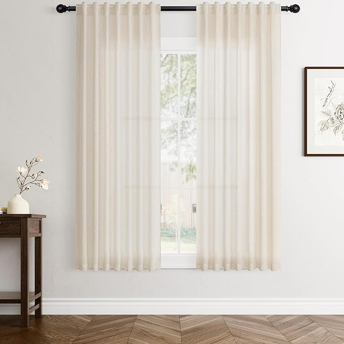 Jowels Cream Linen Curtains 63 Inch Long 2 Panels for Living Room | Beige Flax Light Filtering Sheer Curtain,Back Tab Pocket Pleated Look,Farmhouse Textured Privacy Drapes for Bedroom Window