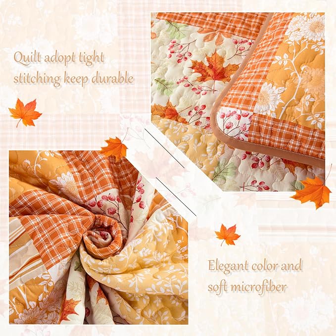 Mybedsoul King Size Quilt, Patchwork Floral Fall Bedding Set, Orange | Soft Lightweight Microfiber Coverlet Set, 3 Pieces Boho Plaid Bedspread, Bed Sets for All Seasons 90"x110"