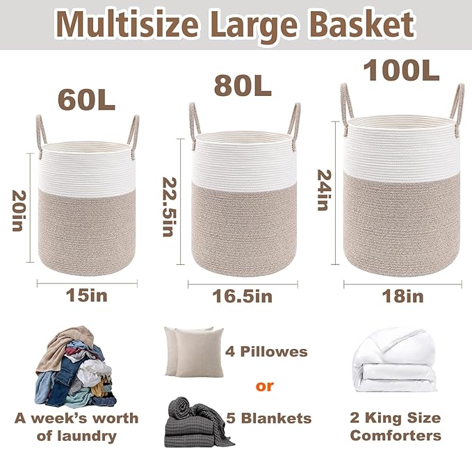JMvicyroam 100L Cotton Rope Laundry Basket Hamper, Brown | Collapsible Laundry Basket, Reinforced Handles, Freestanding, Machine Washable, Holds 3-5 Thick Blankets, Clothes or Toys