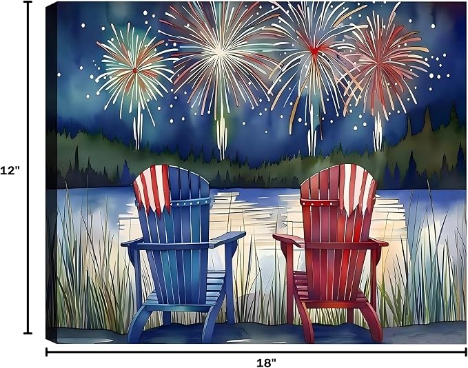 Framed 4th of July Fireworks Adirondack Chair Wall Art, Patriotic Lake Canvas Art Pictures, USA Flag Wall Decor, Made in USA Ready to Hang for Living Room Porch