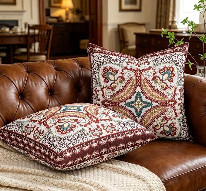 Boho Throw Pillow Covers 18X18 Inch Set of 2 Bohemian Soft Velvet Couch Pillow Cases Farmhouse Decorative Pillow Covers for Sofa Living Room Bedroom Outdoor Patio Porch Crimson Paisley