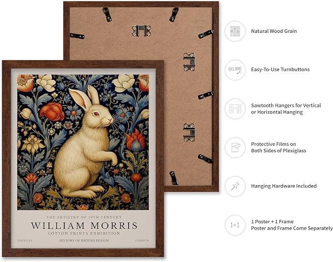 Poster Master William Morris Poster - White Rabbit Print - Flower Art - Animal Artwork - Floral Design - Bunny Illustration - Great Office or Bedroom Decor - 16x20 Brown Framed