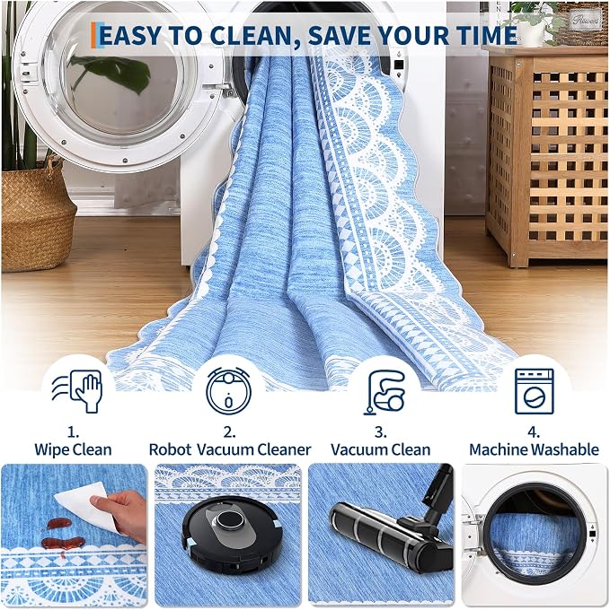 COZYLOOM 9x12 Scalloped Lace Border Area Rug for Bedroom, Large Living Room Rugs with Non Slip Backing, Modern Solid Stain Resistant Rugs Non Shedding Low Pile Mats for Bedroom, Dining Room, Blue
