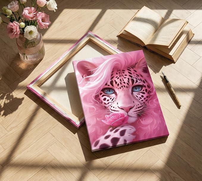UNDBILSNI Whimsical Pink Mother Leopard Canvas Wall Art | Fashionable and Beautiful Female Leopard Holding Roses Wall Decor Picture for Girls Room Preppy Dorm Artwork Decoration