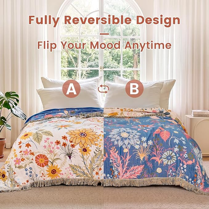 MSGKV Boho Throw Blanket 50"x60" 100% Cotton Floral Chair Blanket for Couch | 100 Cotton Throw, Floral Garden Design, Muslin Blanket, Summer Breathable, Farmhouse Home Decor, All Season, Machine Washable