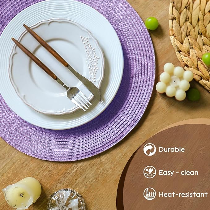 FunWheat Round Braided Placemats Set of 4 Table Mats for Dining Tables Woven Washable Non-Slip Place mats 15 inch(Lilac Purple,4pcs)
