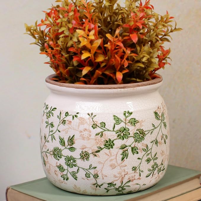 Vintage Country Ceramic Vase and Planters, English Cottage Garden Decor | 6.29" Small Plant Pots Indoor with Drainage, Sage Beige Floral Vases, Windowsill Windowsill Shelf Tabletop Decorations