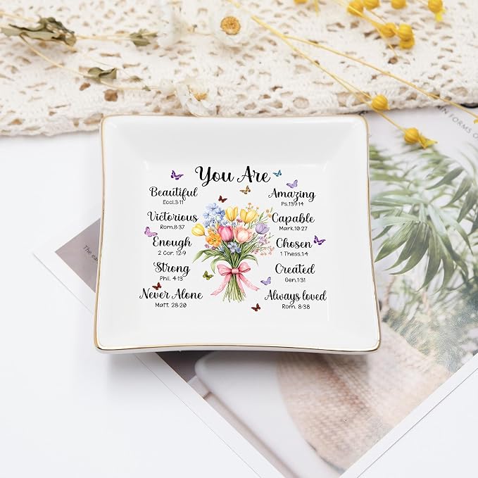 Christian Bible Verse Jewelry Dish, 4" Ceramic Jewelry Tray, Christian GiftS for Women, Birthday, Catholic Gifts for Mom/Grandma, Confirmation Gifts for Daughter