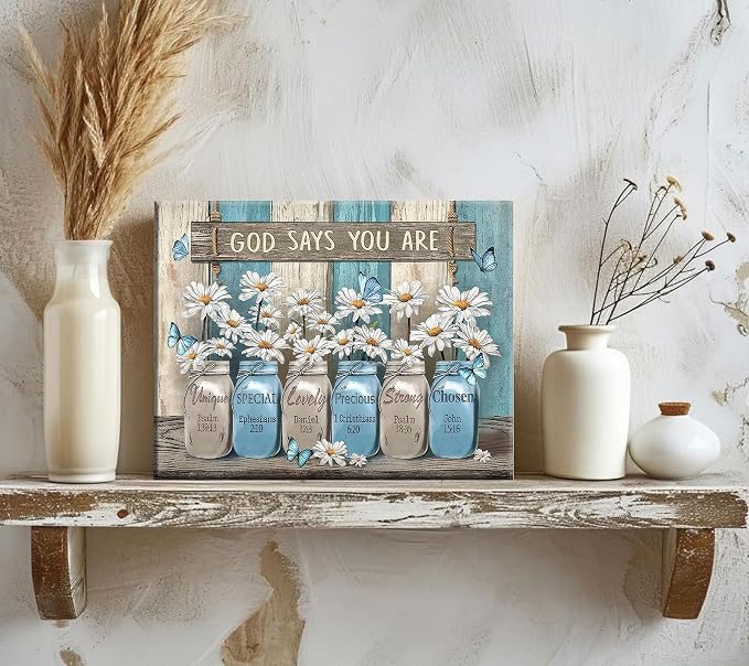 Daisy Canvas Wall Art Vintage Rustic White Flower Pictures Butterfly Wall Decor God Says You are Bible Verses Poster Print Artwork for Country Farmhouse Bedroom Bathroom Home Decoration 12x16in