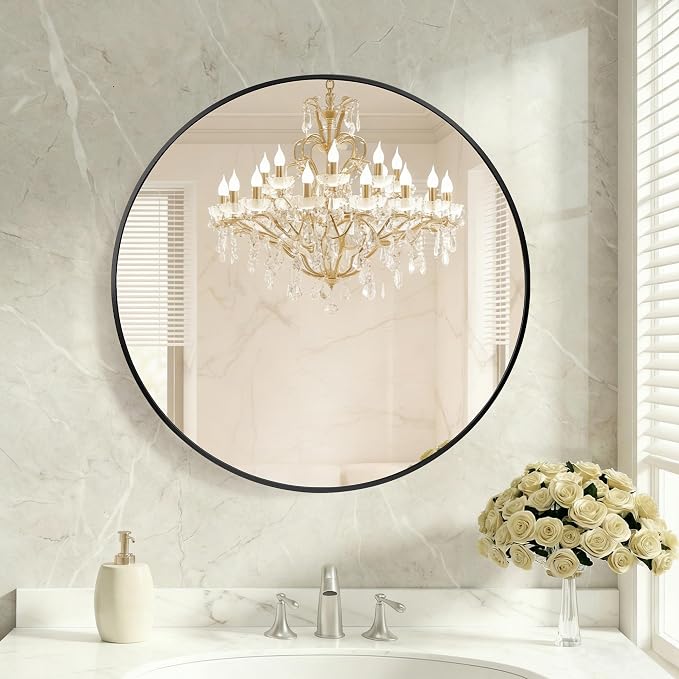 DUMOS 28 Inch Round Wall Mirror, Bathroom Mirror, Black | Metal Frame, HD Reflection Shatterproof Glass Vanity, Decor for Bathroom Vanity Bedroom Entryway