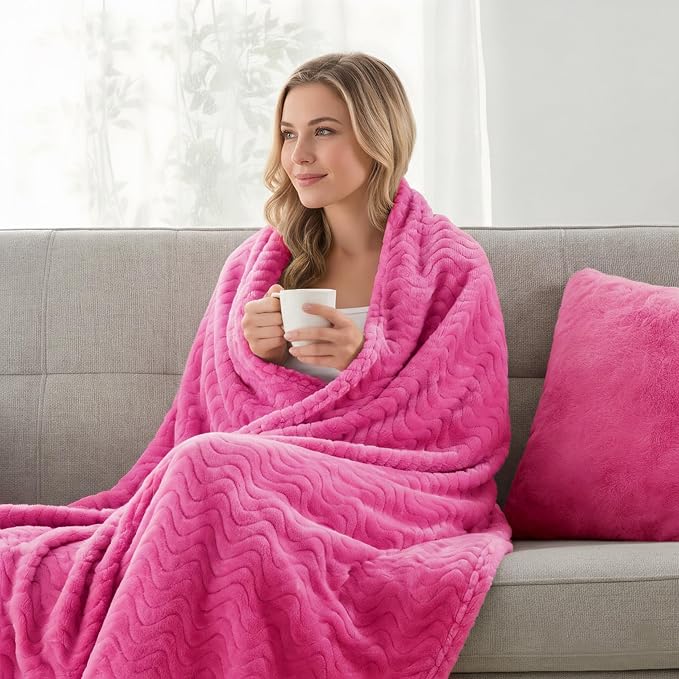 Exclusivo Mezcla Large Fleece Throw Blanket for Couch, Sofa, Hot Pink | 50"x70" Soft Breathable Lightweight Flannel Throws for Summer, Plush Cozy Jacquard Wave Blanket for Home Decor